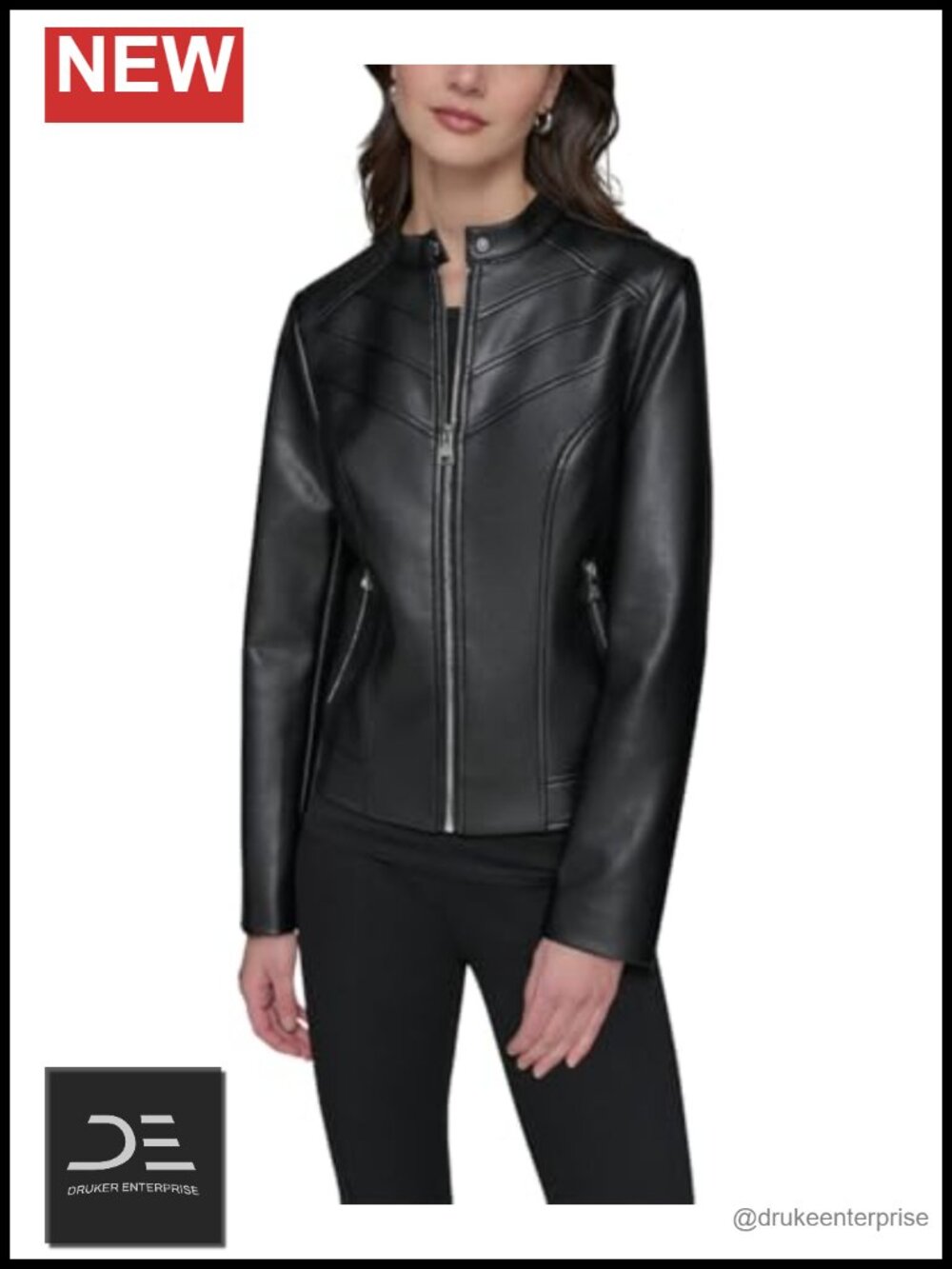 Faux Leather Zip Front Jacket Long Sleeve Band Collar Women's Layer